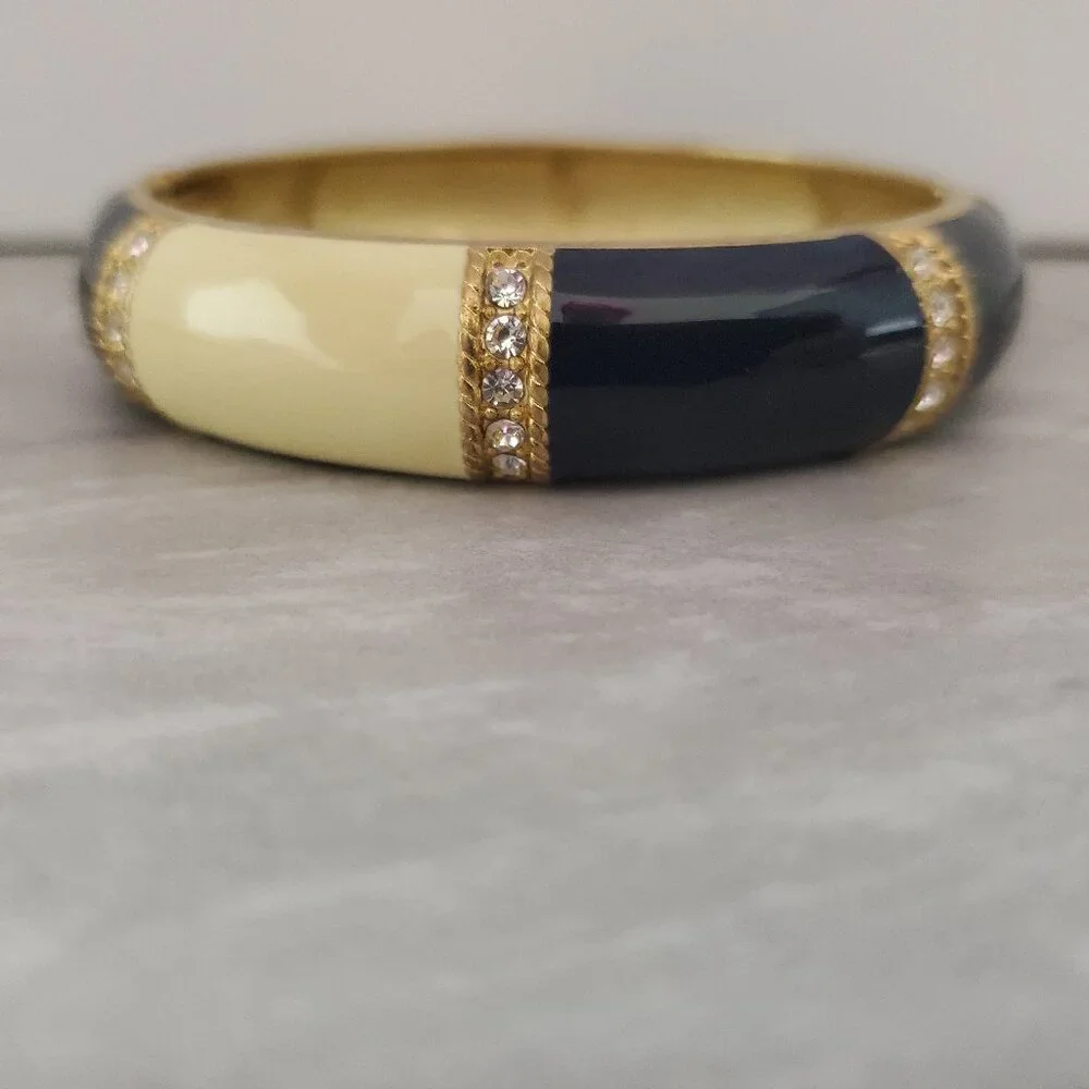 J.Crew Vintage Navy Cream Rhinesontes Pave Hinged Enamel Bangel Bracelet - Picture 4 of 6